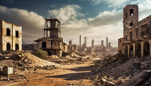 Post-apocalyptic Ruined City And Old Buildings In Desert Landscape. 3D Rendering.