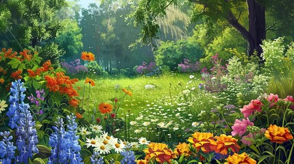 Colorful flowers in a green garden