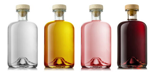 Wall Mural - Set of a glass bottle with different color liquids. Isolated on a white background. Gin, vodka, rum, liqueur, whisky.