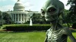 An alien figure is standing in front of the iconic White House building in Washington, DC. The extraterrestrial being appears curious and observant as it gazes at the historical landmark.