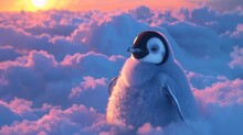 A Penguin Waddling Curiously On A Fluffy Cloud Wrapped In Pastel Hues Of Dawn Exploring Beyond Its Icy World