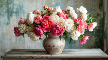 A Vase Of Peonies On A Table.