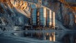  Industrial silos reflect in tranquil quarry waters at dusk