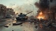 A tank is on fire in the middle of a street, billowing smoke and flames. The scene is chaotic and dangerous, with the military vehicle engulfed in flames.
