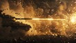 A tank is seen in action releasing an immense amount of fire. The fiery eruption from the tank showcases the intense firepower in a war or battle setting.