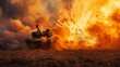 A tank is engulfed in flames as it stands ablaze in a field. The intense fire rages on, creating a destructive scene amidst the remnants of battle.
