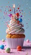 Birthday cupcakes with unique decorations 3D style isolated flying objects memphis style 3D render   AI generated illustration