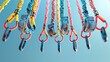 Bungee jumping ropes and harnesses in a geometric pattern 3D style isolated flying objects memphis style 3D render   AI generated illustration