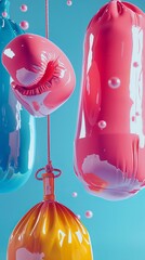 Wall Mural - Boxing gloves and punching bags in a bold color palette 3D style isolated flying objects memphis style 3D render   AI generated illustration