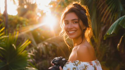 Poster - photographer woman in a tropical island takeing photos of sunrise