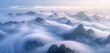 A dense fog rolling over the peaks of a mountain range at dawn, with only the highest points breaking through the cloud cover. 32k, full ultra hd, high resolution