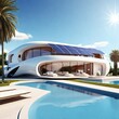 futuristic generic luxury home with pool with solar panels rooftop system for renewable energy concepts as wide banner with copyspace area - 