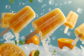 Wall Mural - Orange popsicles, flying ice cream on stick creating summer mood