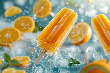 Wall Mural - Orange popsicles, flying ice cream on stick creating summer mood