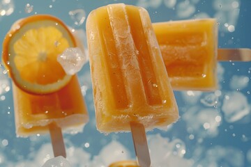 Wall Mural - Orange popsicles, flying ice cream on stick creating summer mood