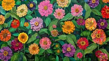  A Field Of Vibrant  Zinnias In Full Bloom, With Various Colors And Shapes Of The Flowers ,symbolizing Life's Beauty And  An Atmosphere Of  Celebration
