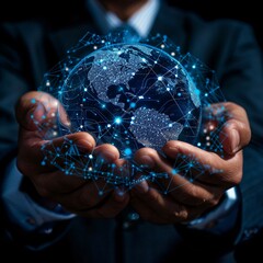 Businessmans hands cradling a holographic Earth globe representing global business connections international trade and the digital age of finance