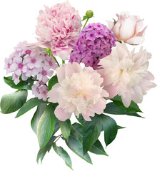 Wall Mural - Pink peony and phlox isolated on a transparent background. Png file.  Floral arrangement, bouquet of garden flowers. Can be used for invitations, greeting, wedding card.