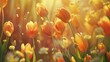 enchanting spring poster,  yellow and orange tulips blooming in the  garden, their petals swirling gently with each breeze. 