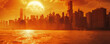 Illustration of heatwave gripping a city skyline, with shimmering heat waves and residents seeking relief from sweltering temperatures.