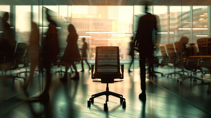 empty chair in an open-concept office space, with silhouettes of company employees in motion around it.