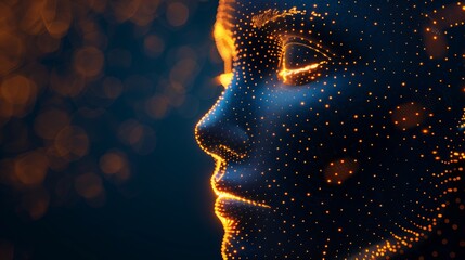 3d virtual human face formed by glowing dots waves network isolated on dark blue technology style background with copy space.