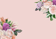 Floral banner, header with copy space. Pink roses, peony, lily, phlox, tulip isolated on pastel background. Natural flowers wallpaper or greeting card.
