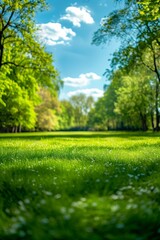 Wall Mural - Beautiful blurred background image of spring nature with a neatly trimmed lawn surrounded by trees against a blue sky with clouds on a bright sunny day