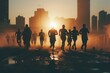 silhouette of a group of runners running together in the city
