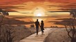 A man and woman couple stroll down a path into the graphic setting sun design in an illustration about the path of love and life. generative.ai