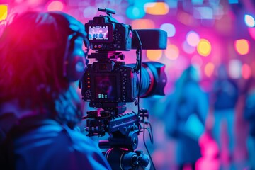 Close-up of operator using professional camera during shooting