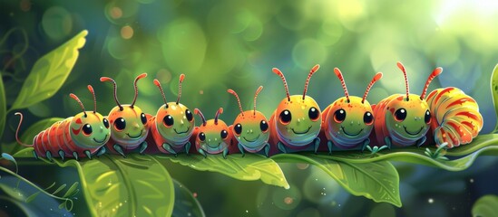 Canvas Print - Tiny caterpillars perched on a branch covered with green leaves, blending into the natural environment