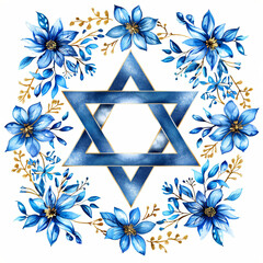 Wall Mural - Blue star of David with leaves and flowers isolated on white background. Jewish symbol clipart. Bat and Bar Mitzvah. Hanukkah, Passover, Shavuot holiday