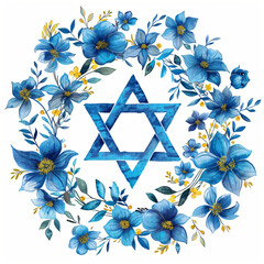 Wall Mural - Blue star of David with leaves and flowers isolated on white background. Jewish symbol clipart. Bat and Bar Mitzvah. Hanukkah, Passover, Shavuot holiday