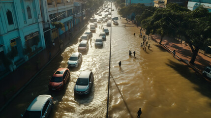 Flooded street with cars and people walking