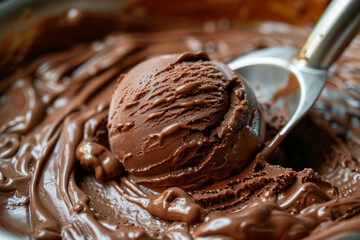 Wall Mural - Chocolate ice cream close up with scoop spoon and ball