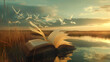 Open book with pages transforming into birds over tranquil water, metaphor for knowledge and freedom. Ideal for educational themes, literary blogs, and tranquil desktop wallpapers.