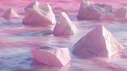 Wall Mural - Geometric ice formations floating peacefully in a sea of pink  AI generated illustration