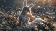 Ethereal Rabbit in Blooming Flower Meadow - Whimsical Nature Fantasy Landscape with Delicate Bunny