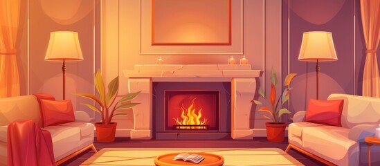 Canvas Print - A warm and inviting cartoon living space furnished with a fireplace, comfortable couches, and a central table