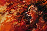 Fototapeta  - Kobieta wyrażająca silne emocje - czerwone ogniste tło