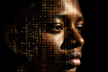 Wall Mural - Black woman face with digital matrix numbers. Artificial intelligence. AI theme with a female human face