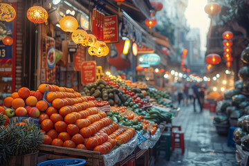 Poster - A vibrant marketplace bustling with activity, offering an array of goods from around the world. Concept of economic diversity and global trade. Generative Ai.