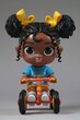 a front facing view of a happy African american 4 year old girl riding a tricycle she has short pigtails and is wearing a tee shirt, shorts and sneakers she is riding in a playground Funko pop