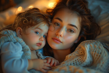 Sticker - A mother tucking her child into bed at night, showering them with kisses and affectionate goodnight wishes. Concept of maternal bedtime routine and affection. Generative Ai.