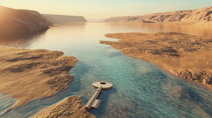 Giant key resting in shallow waters amidst desert landscape, a metaphor for unlocking potential or solutions, great for motivational content and strategic business themes.