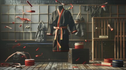 Wall Mural - Martial arts belts and robes moving through 3D space 3D style isolated flying objects memphis style 3D render AI generated illustration