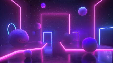 Wall Mural - Luminous shapes hovering in a neon cosmos 3D style isolated flying objects memphis style 3D render AI generated illustration