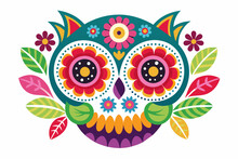 Colorful Cute Mexican Owl Dead Skull With Flowers, Minimalist, UHD, Bold Shapes, In The Style Of Traditional Mexican Folk Art On White Background