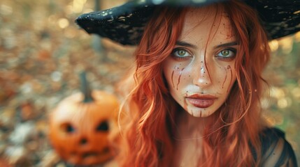 A Halloween witch in a dark tapered witch's hat with long red hair and holiday makeup. Beauty gothic girl with a carved pumpkin in Party Celebrating All Saints' Day art design